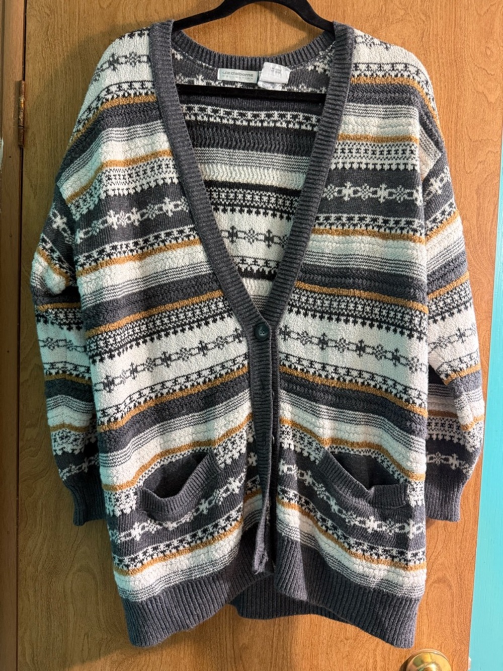 Liz Claiborne Gray, White & Mustard Striped Knit Cardigan